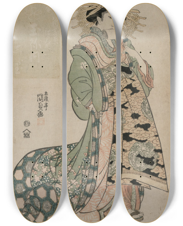 Triptych art skateboard deck of Utagawa Kunisada Toyokuni Iii The Courtesan Shiratama Of The Tamaya by Utagawa Kunisada (Toyokuni III) (1786-1865)