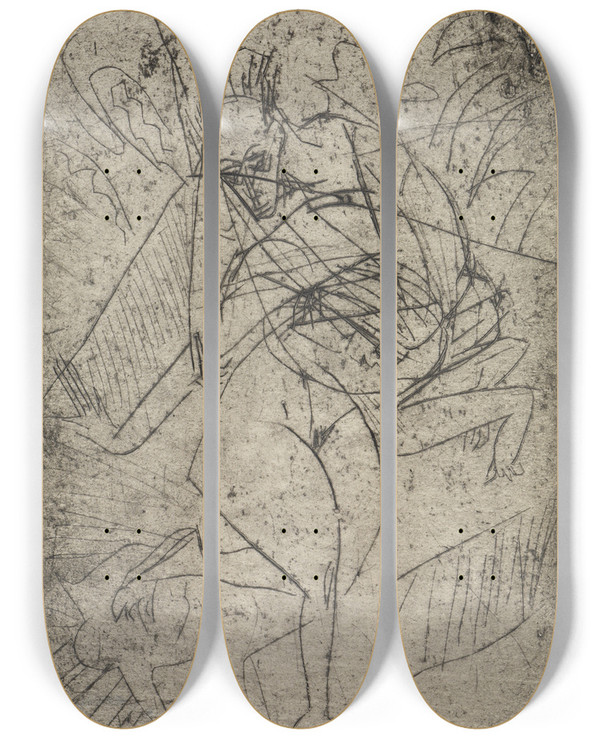 Triptych art skateboard deck of Ernst Ludwig Kirchner Vergewaltigungsszene by Ernst Ludwig Kirchner (1880-1938)