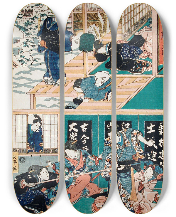 Triptych art skateboard deck of Utagawa Kunisada Toyokuni Iii Act Ix Oishi Disguises Yuranosuke As A Komus Fluteplaying Monk Oishi Attacks Honz For Having Brought About Enyas Demise by Utagawa Kunisada (Toyokuni III) (1786-1865)