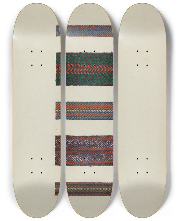Triptych art skateboard deck of Ingrid Selmerlarsen Shaker Rug Bindings by Ingrid Selmer-Larsen