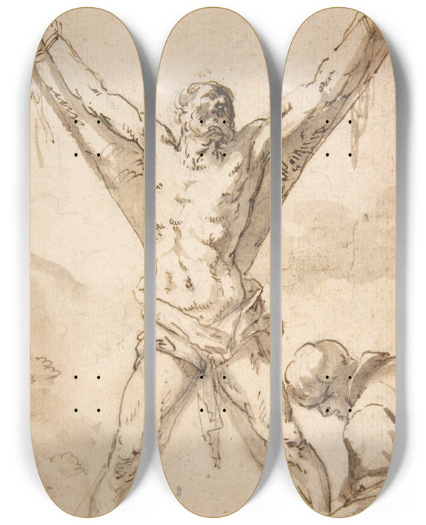 Triptych art skateboard deck of Salvator Rosa Martyrdom Of St Andrew 161573 by Salvator Rosa (1615-1673)