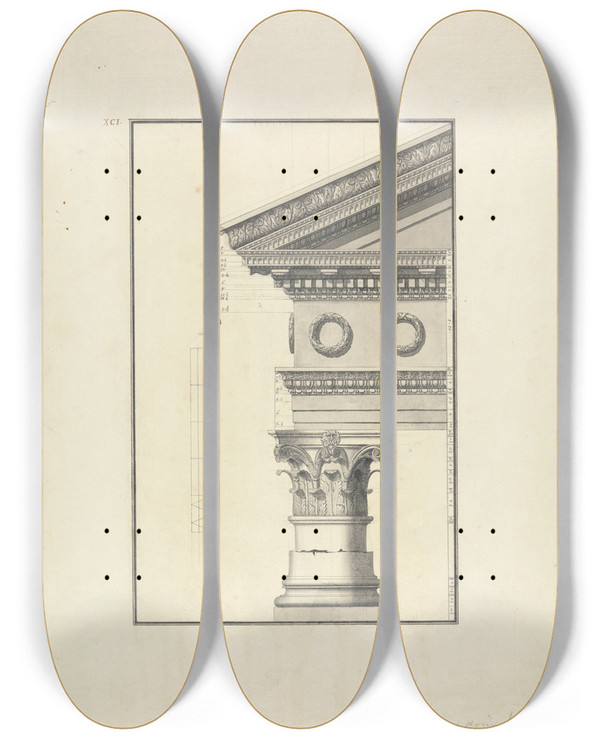 Triptych art skateboard deck of Giovanni Battista Borra Details Of A Corinthian Order From A Temple At Cnidus by Giovanni Battista Borra (1713-1770)