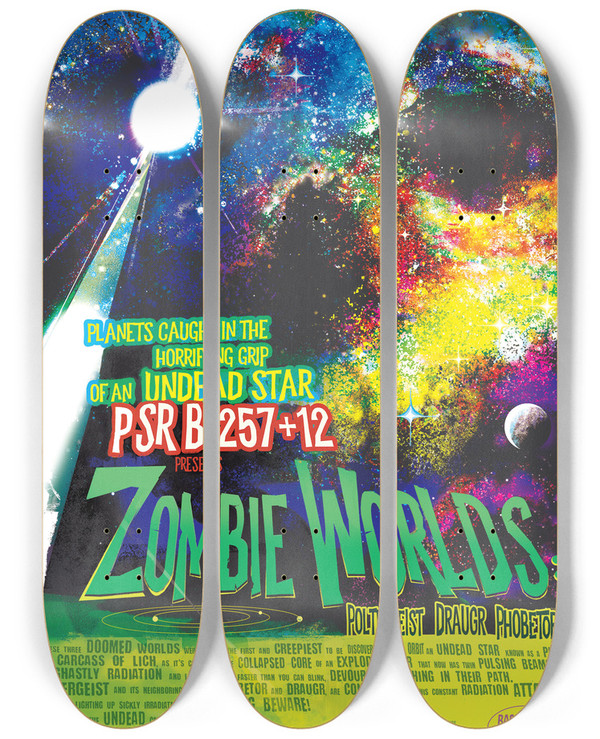 Triptych art skateboard deck of Nasa Zombie Worlds by NASA (1958)