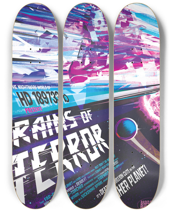 Triptych art skateboard deck of Nasa Rains Of Terror by NASA (1958)