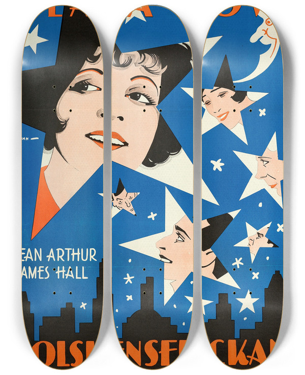 Triptych art skateboard deck of Eric Rohman The Saturday Night Kid by Eric Rohman (1891-1949)