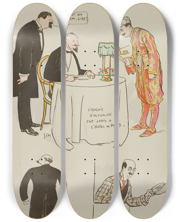 Triptych art skateboard deck of Georges Goursat Sem Croquis Dactualit Fait Jadis Lhtel De Paris by Georges Goursat (Sem) (1863-1934)