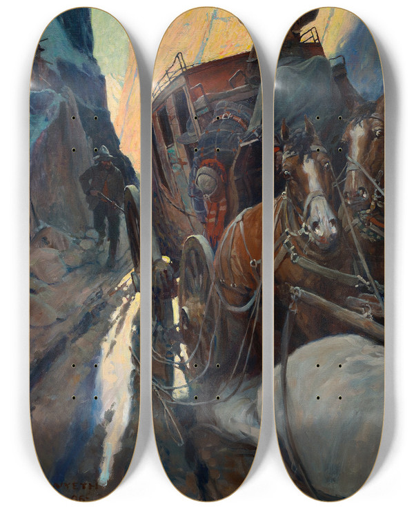 Triptych art skateboard deck of N C Wyeth Handsup by N C Wyeth (1882-1945)