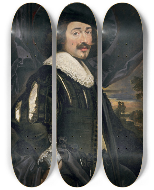 Triptych art skateboard deck of Flemish 17Th Century Possibly Jan Cossiers Portrait Of A Man In A Widebrimmed Hat by Flemish 17th Century (Possibly Jan Cossiers) (17-)