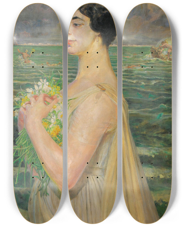 Triptych art skateboard deck of Jacek Malczewski Woman By The Sea by Jacek Malczewski (1854-1929)