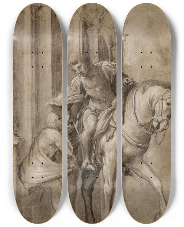 Triptych art skateboard deck of Lorenzo Lotto Saint Martin Dividing His Cloak With A Beggar by Lorenzo Lotto (1480-1556)