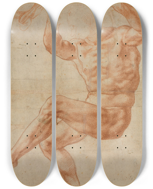 Triptych art skateboard deck of Michelangelo Study For The Nude Youth Over The Prophet Daniel Recto by Michelangelo (1475-1564)