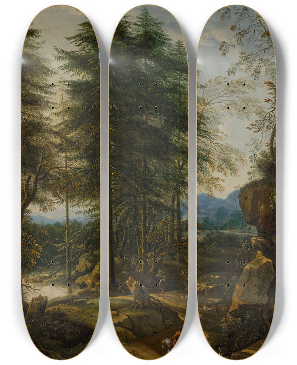 Triptych art skateboard deck of Peter Von Bemmel A Mountainous Landscape With A Rider On A Road by Peter Von Bemmel