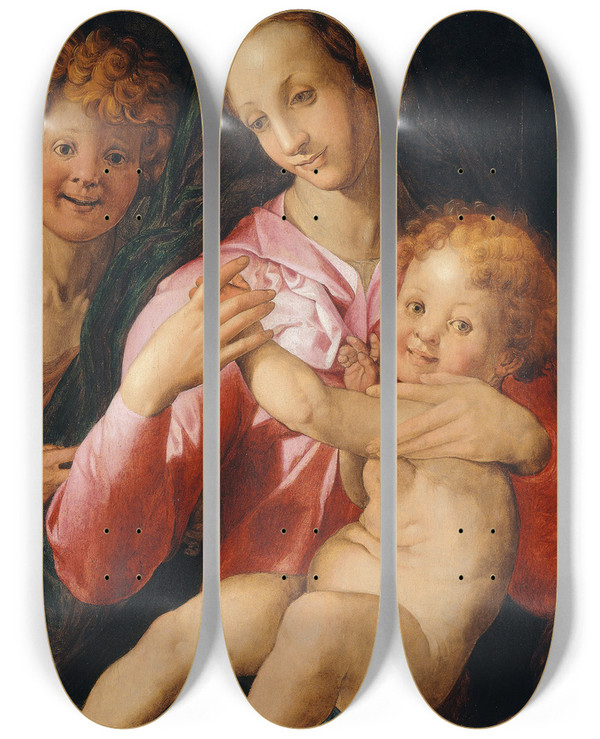 Triptych art skateboard deck of Agnolo Bronzino Virgin And Child With The Young Saint John The Baptist by Agnolo Bronzino (1503-1572)