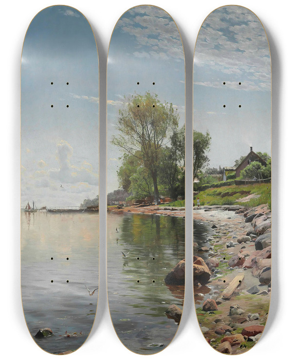 Triptych art skateboard deck of Peder Mrk Mnsted Coastal View by Peder Mork Monsted (1859-1941)
