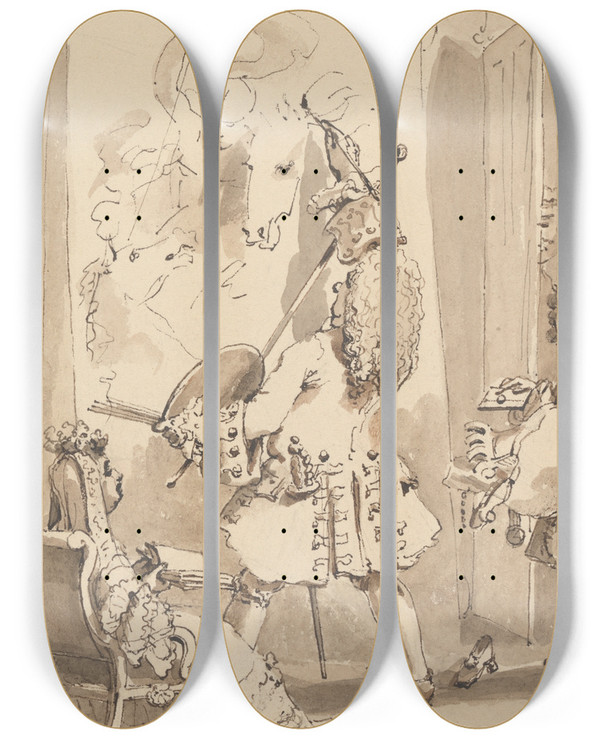 Triptych art skateboard deck of John Thomas Smith Sir James Thornhills Boy Entering His Masters Painting Room To Deliver The Bundle And A Letter In The Presence Of Lady Thornhill by John Thomas Smith (1766-1833)