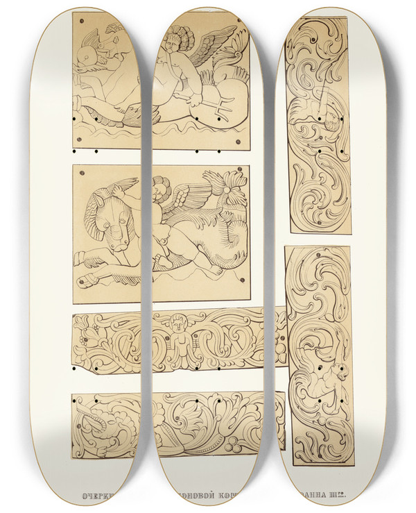 Triptych art skateboard deck of Fedor Grigoryevich Solntsev Ocherki Rezby Po Slonovoi Kosti Na Trone Ioanna Iii Izobrazhenie 12 by Fedor Grigoryevich Solntsev (1801-1892)