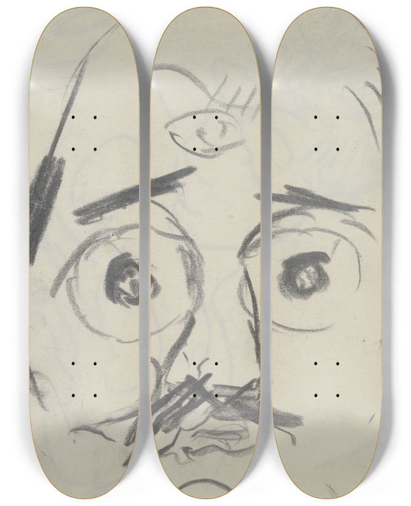 Triptych art skateboard deck of Max Beckmann Kopf Ugi Battenbergs Als Grimasse Mit Groen Runden Augen by Max Beckmann (1884-1950)