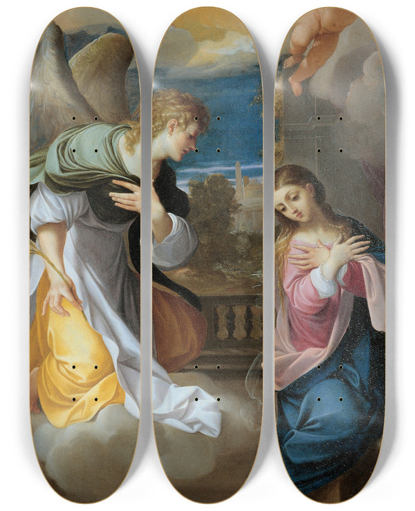 Triptych art skateboard deck of Ludovico Carracci Annunciation_1 by Ludovico Carracci (1555-1619)