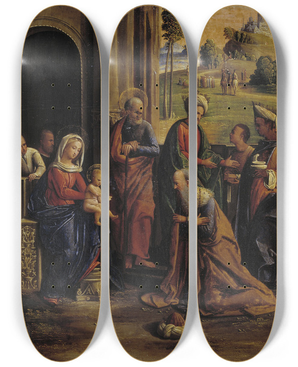 Triptych art skateboard deck of Ortolano The Adoration Of The Kings by Ortolano (1512-1527)