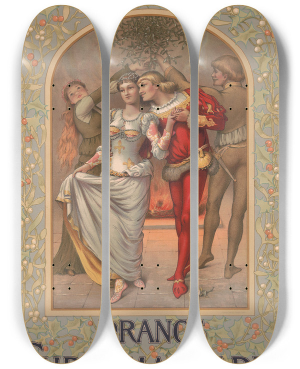 Triptych art skateboard deck of Louis Prang Prangs Christmas Cards by Louis Prang (1824-1909)