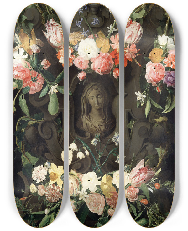 Triptych art skateboard deck of Daniel Seghers Flower Around A Cartouche With An Image Of The Virgin by Daniel Seghers (1590-1661)