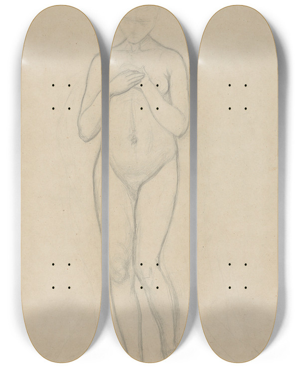 Triptych art skateboard deck of Jzef Simmler Nude Study For The Figure Of Mary In The Painting The Immaculate Conception Of The Blessed Virgin Mary by Jozef Simmler (1823-1868)