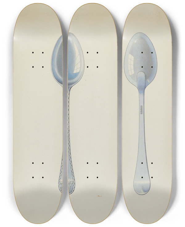 Triptych art skateboard deck of David P Willoughby Silver Tablespoon by David P Willoughby