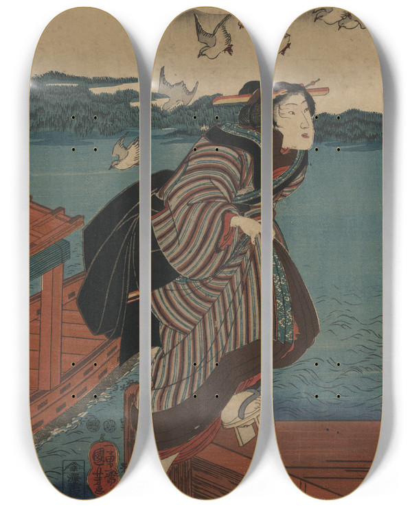 Triptych art skateboard deck of Utagawa Kuniyoshi Sanbashi No Onna by Utagawa Kuniyoshi (1797-1861)