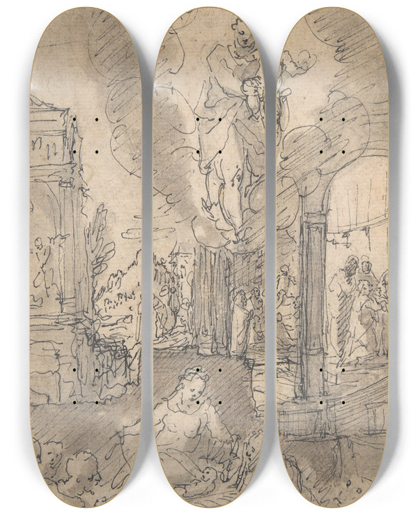 Triptych art skateboard deck of Georg Pecham The Assumption Of The Virgin With The Five Joyful Mysteries Of The Rosary by Georg Pecham (1568-1604)