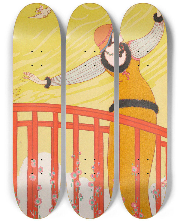 Triptych art skateboard deck of Charles Martin La Passerelle by Charles Martin (1884-1934)