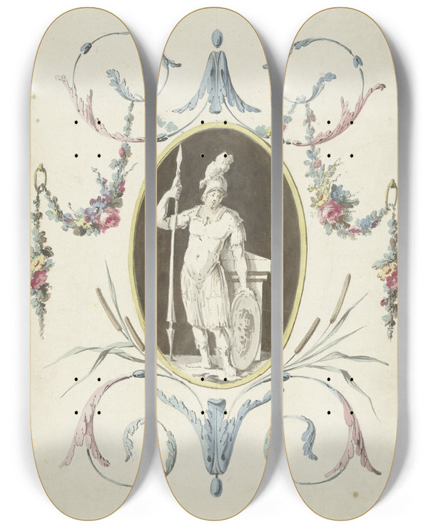 Triptych art skateboard deck of Abraham Meertens Ontwerp Voor Kamerversiering Met Een Paneel Met Een Staande Krijger by Abraham Meertens (1747-1823)