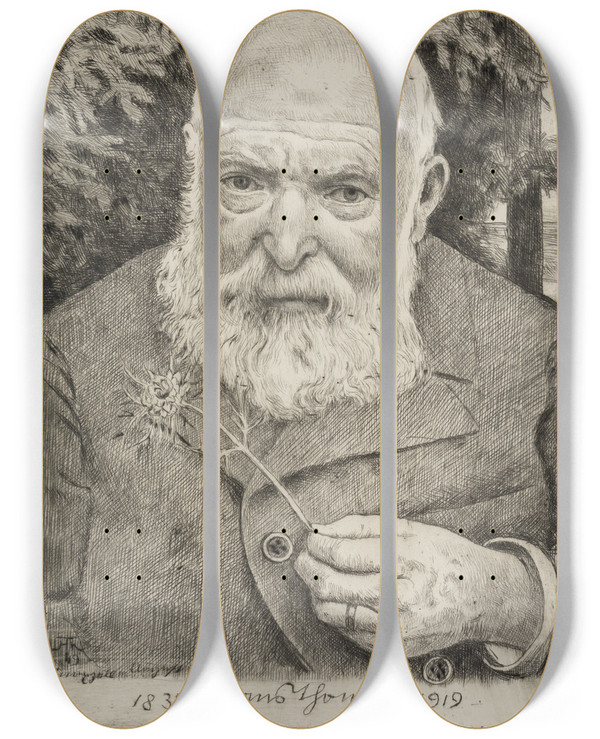 Triptych art skateboard deck of Hans Thoma Selbstbildnis Vi Mit Blume by Hans Thoma (1839-1924)