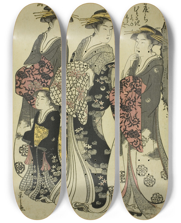 Triptych art skateboard deck of Chbunsai Eishi Komurasaki Of The Kadotamaya With Attendants Hatsune And Shirabe by Chobunsai Eishi (1756-1829)