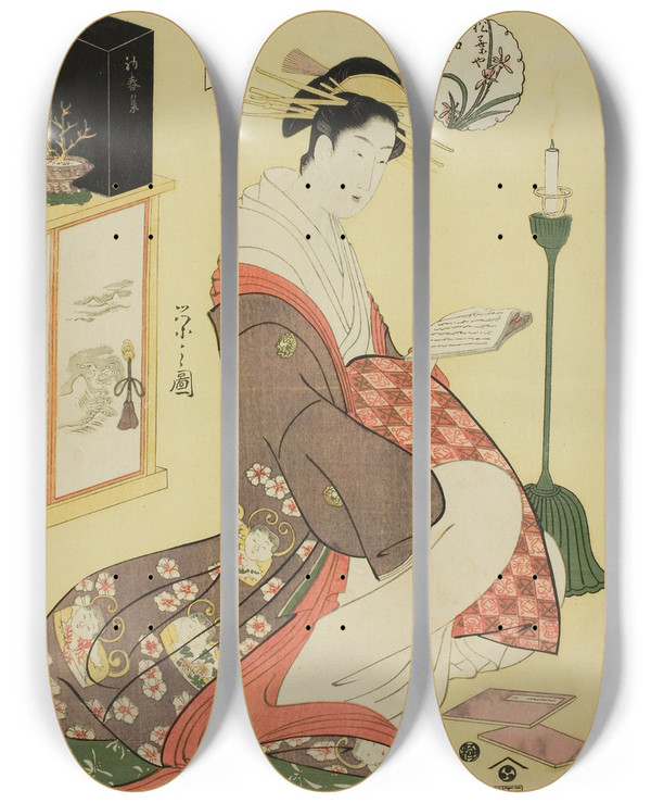 Triptych art skateboard deck of Chbunsai Eishi Wakana Of The Matsubaya From The Series Beauties Of The Pleasure Quarters As The Six Floral Immortals Seiro Bijin Rokkasen by Chobunsai Eishi (1756-1829)