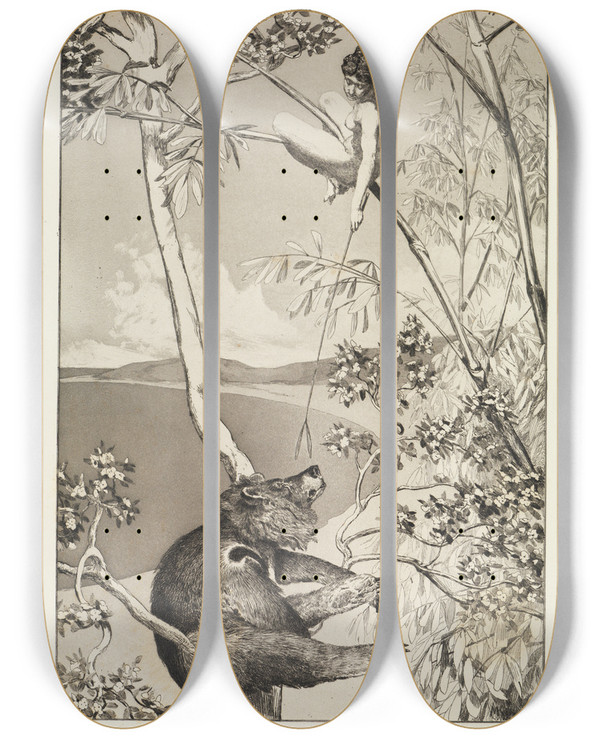 Triptych art skateboard deck of Max Klinger Br Und Elfe Intermezzi Opus Iv Blatt 1 by Max Klinger (1857-1920)