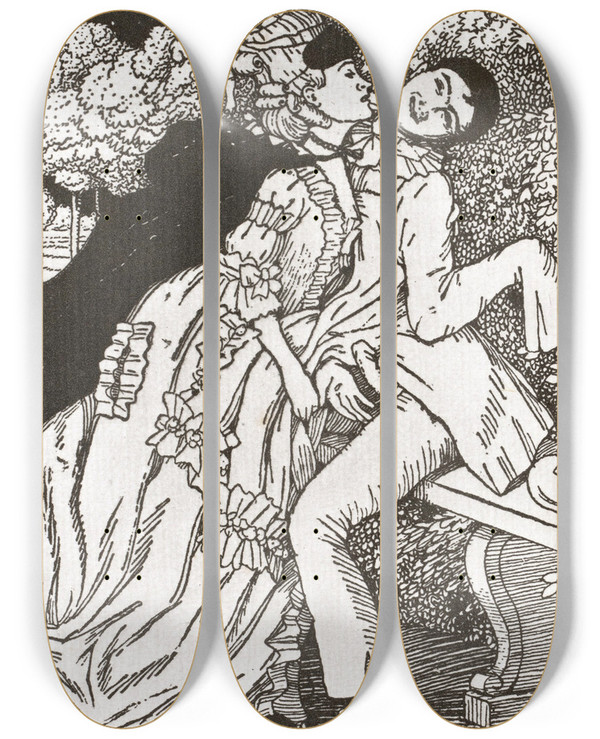 Triptych art skateboard deck of Konstantin Andreevich Somov Image From Somovs Livre De La Marquise 3 by Konstantin Andreevich Somov (1869-1939)