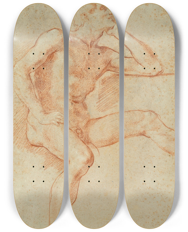 Triptych art skateboard deck of Baldassarre Franceschini Study Of A Male Nude Seated Resting His Chin On His Left Hand by Baldassarre Franceschini (1611-1689)
