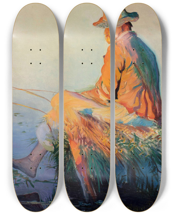 Triptych art skateboard deck of Leon Wyczkowski Fisherman by Leon Wyczolkowski (1852-1936)