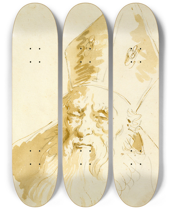 Triptych art skateboard deck of Giovanni Battista Tiepolo Head Of A Bishop by Giovanni Battista Tiepolo (1696-1770)