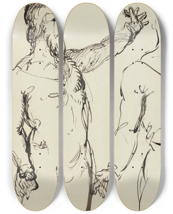Triptych art skateboard deck of Benjamin Robert Haydon Study Of A Man With Outstreched Arm by Benjamin Robert Haydon (1786-1846)
