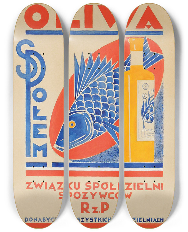 Triptych art skateboard deck of Edward Butrymowicz Oliwa Zwizku Spdzielni Spoywcw Rz P Spoem by Edward Butrymowicz (1879-1944)