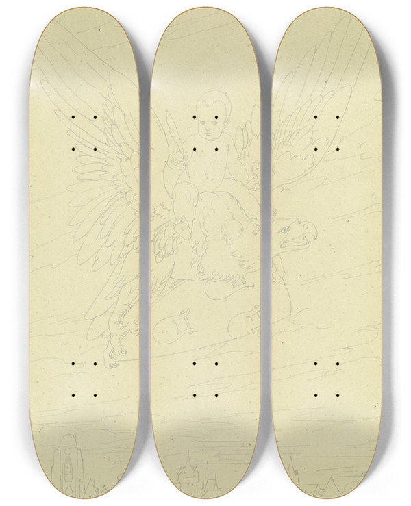 Triptych art skateboard deck of Eduard Von Steinle Goethes Geburt Entwurf Fr Eine Standarte Bei Goethes Jubilum 1849 by Eduard Von Steinle (1810-1886)