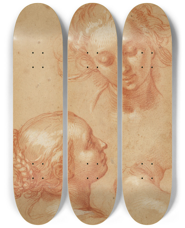 Triptych art skateboard deck of Abraham Bloemaert Three Studies Of Women by Abraham Bloemaert (1564-1651)