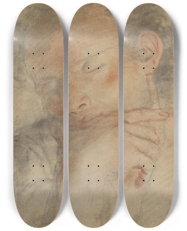 Triptych art skateboard deck of Francesco Vanni Head Of A Man With Closed Eyes by Francesco Vanni (1563-1610)