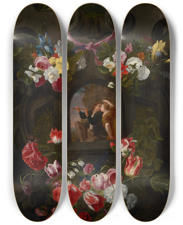 Triptych art skateboard deck of Jan Fyt Allegories Of The Four Seasons Surrounded By Garlands Of Seasonal Flowers And Fruits 2 by Jan Fyt (1611-1661)