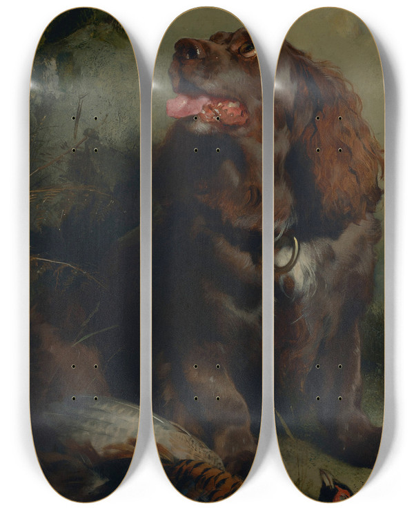 Triptych art skateboard deck of Sir Edwin Henry Landseer A Sussex Spaniel And A Pheasant by Sir Edwin Henry Landseer (1802-1873)