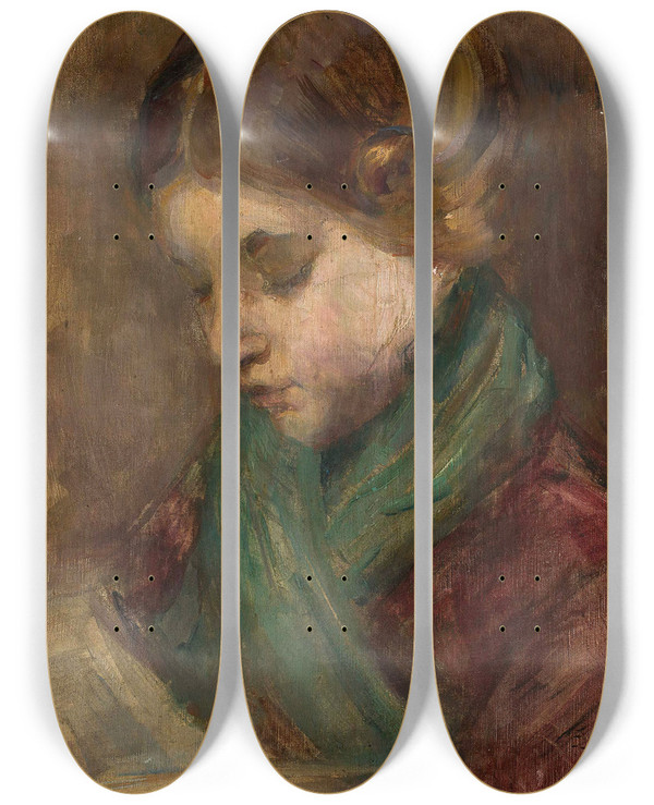 Triptych art skateboard deck of Teodor Axentowicz Portrait Of A Girl by Teodor Axentowicz (1859-1938)