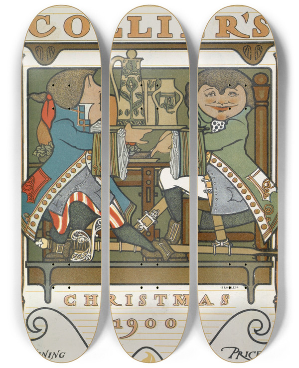 Triptych art skateboard deck of Will Bradley Colliers Christmas 1900 by Will Bradley (1868-1962)