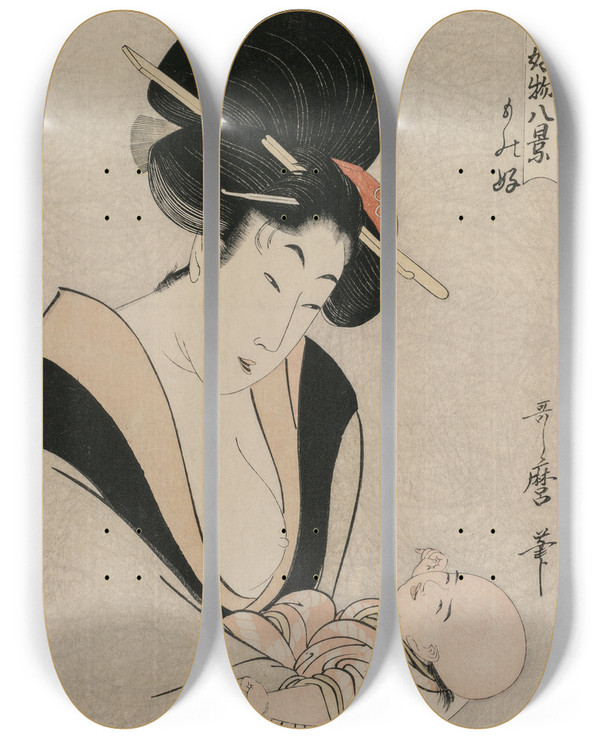 Triptych art skateboard deck of Kitagawa Utamaro Fond Of Things From The Series Eight Views Of Favorite Things Of Todays World by Kitagawa Utamaro (1753-1806)