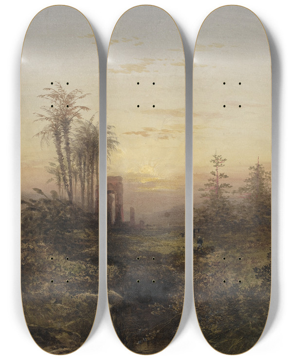 Triptych art skateboard deck of Gabriel Hippolyte Lebas Sunset In An Oriental Landscape by Gabriel Hippolyte Lebas (1812-1889)